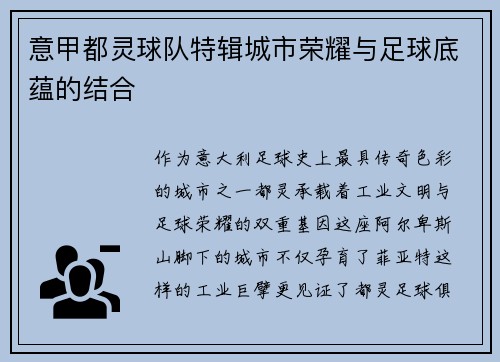 意甲都灵球队特辑城市荣耀与足球底蕴的结合