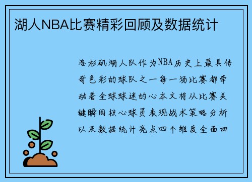 湖人NBA比赛精彩回顾及数据统计