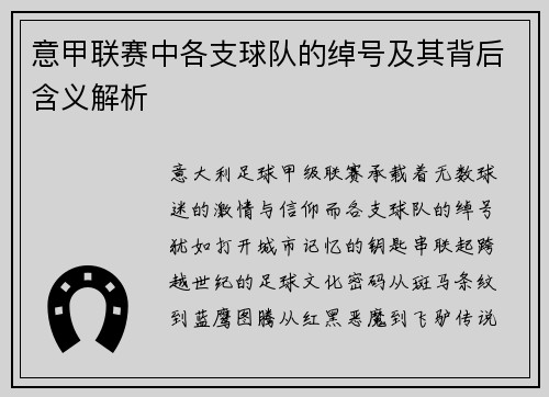 意甲联赛中各支球队的绰号及其背后含义解析